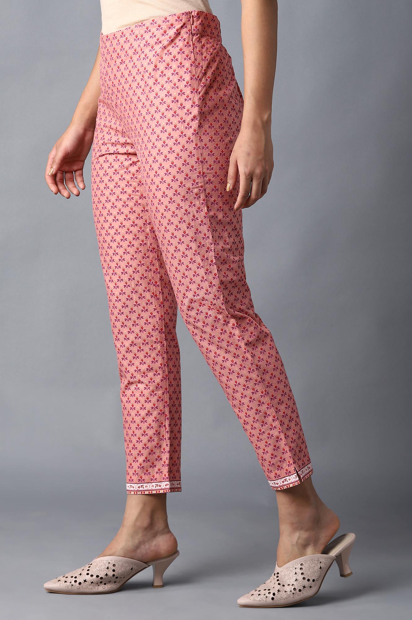 Peach Floral Printed Cotton Slim Pants