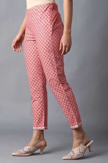 Peach Floral Printed Cotton Slim Pants