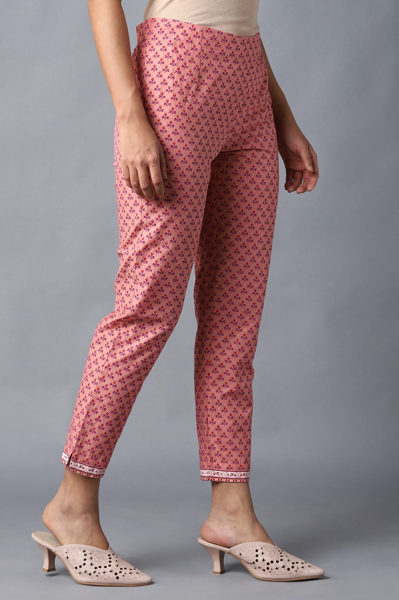 Peach Floral Printed Cotton Slim Pants