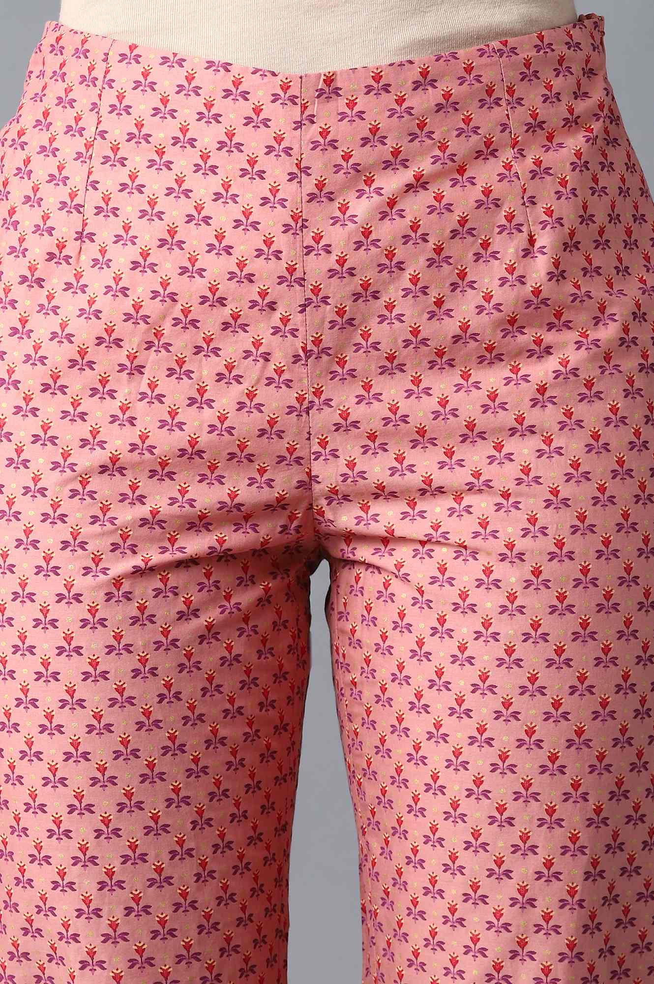 Peach Floral Printed Cotton Slim Pants