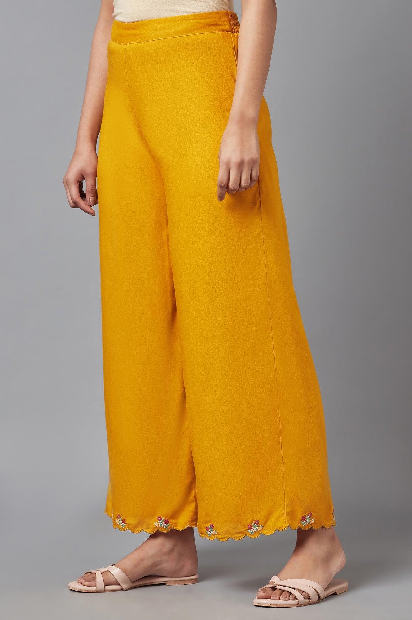 Deep Yellow Embroidered Parallel Pants - wforwoman