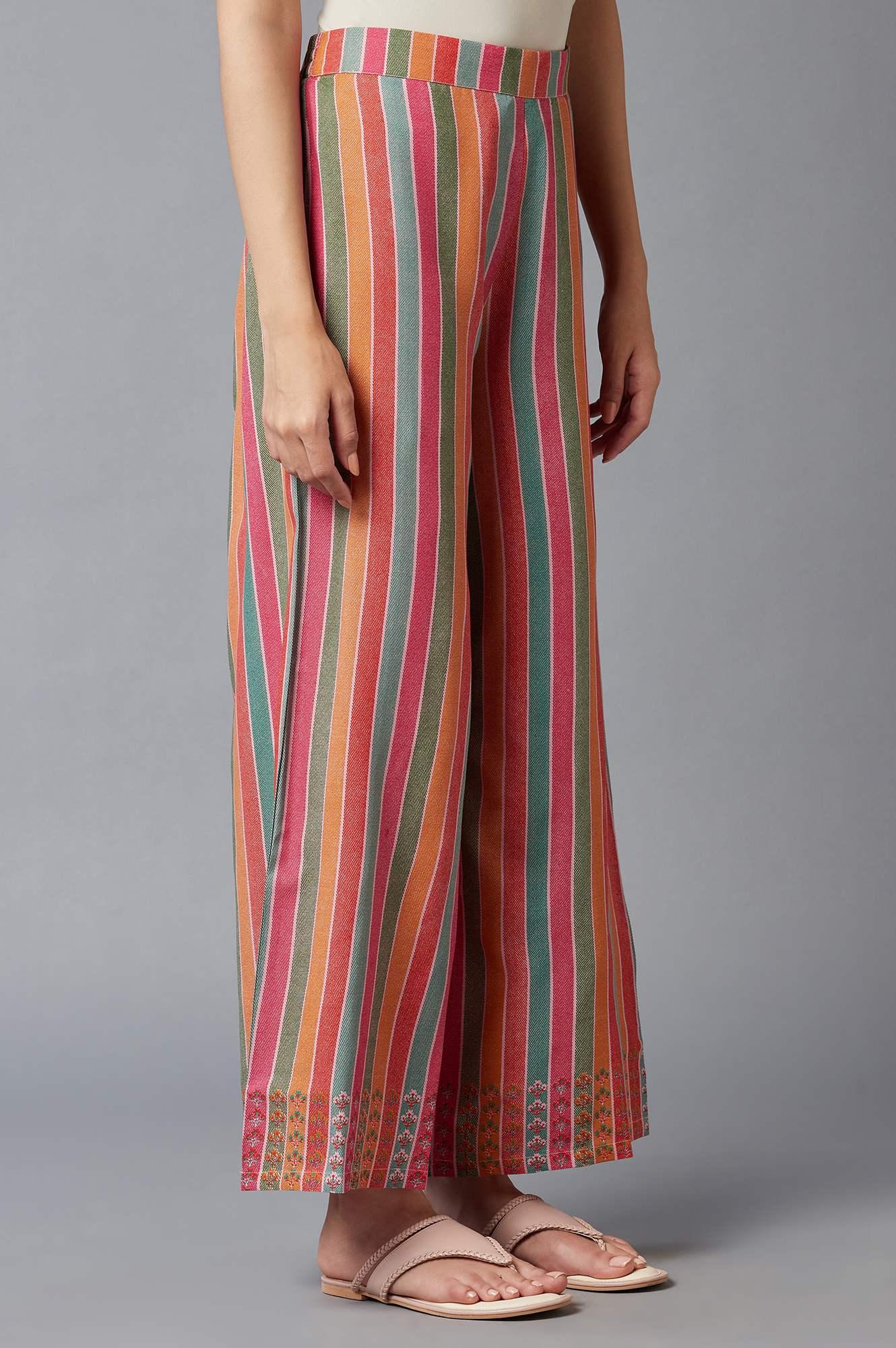 Buy Bright Multicoloured Stripe Printed Parallel Pants Online for Woman WforWoman