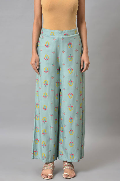 Aqua Blue Floral Printed Parallel Pants