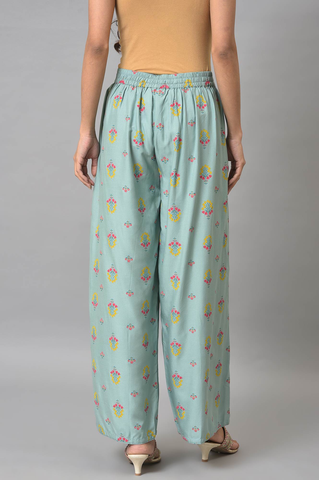 Aqua Blue Floral Printed Parallel Pants