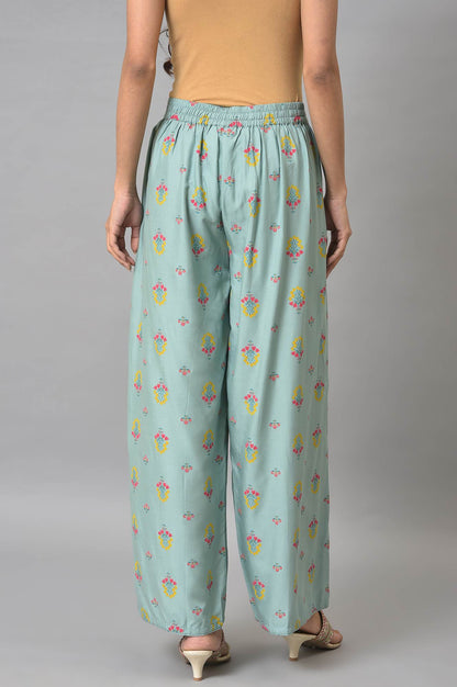 Aqua Blue Floral Printed Parallel Pants