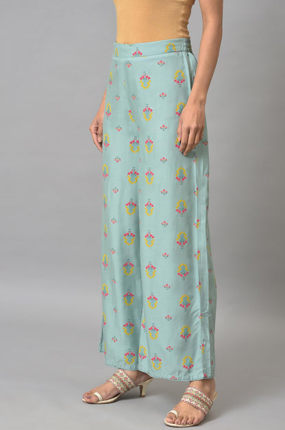 Aqua Blue Floral Printed Parallel Pants