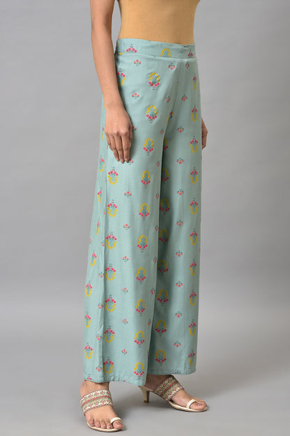 Aqua Blue Floral Printed Parallel Pants