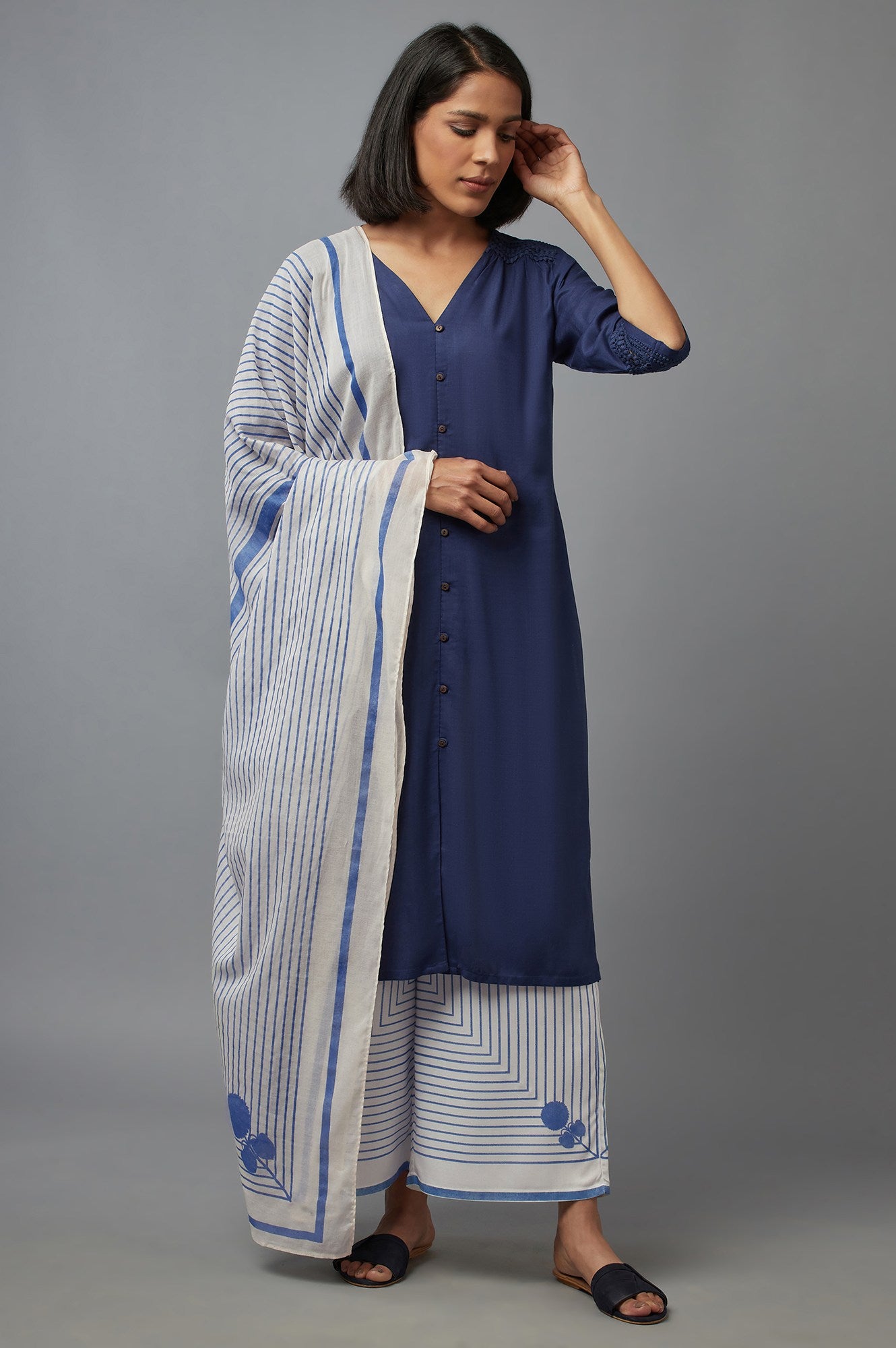 Ecru and Blue Printed Dupatta