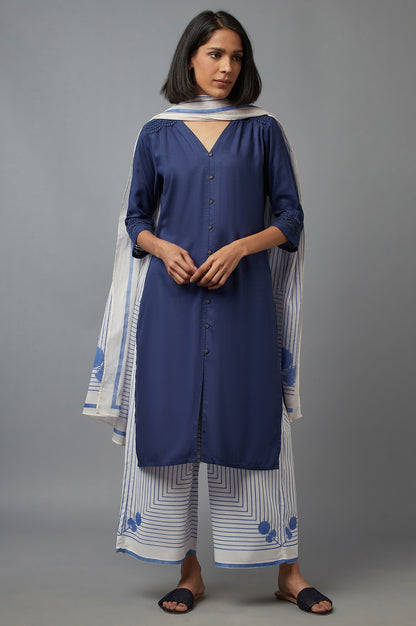 Ecru and Blue Printed Dupatta