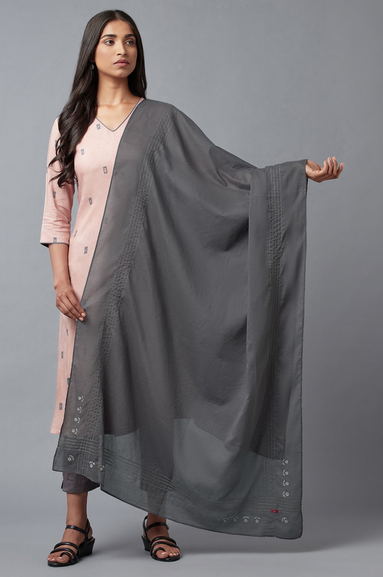 Charcoal Grey Embroidered Dupatta