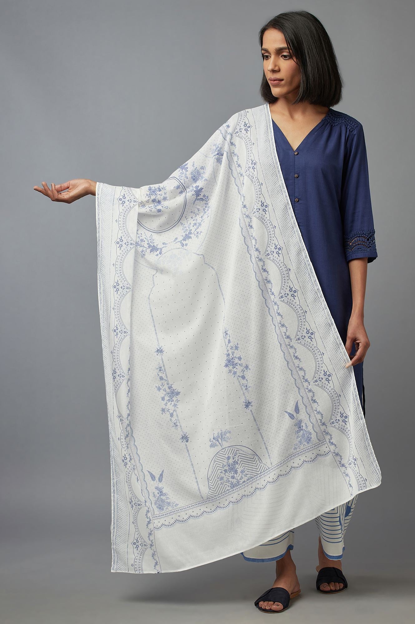 Ecru and Blue Printed Voile Dupatta