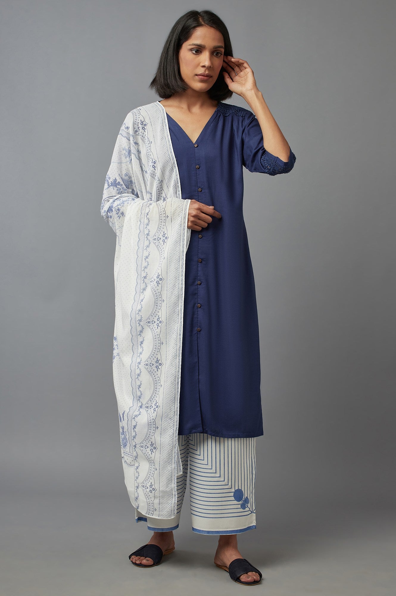 Ecru and Blue Printed Voile Dupatta