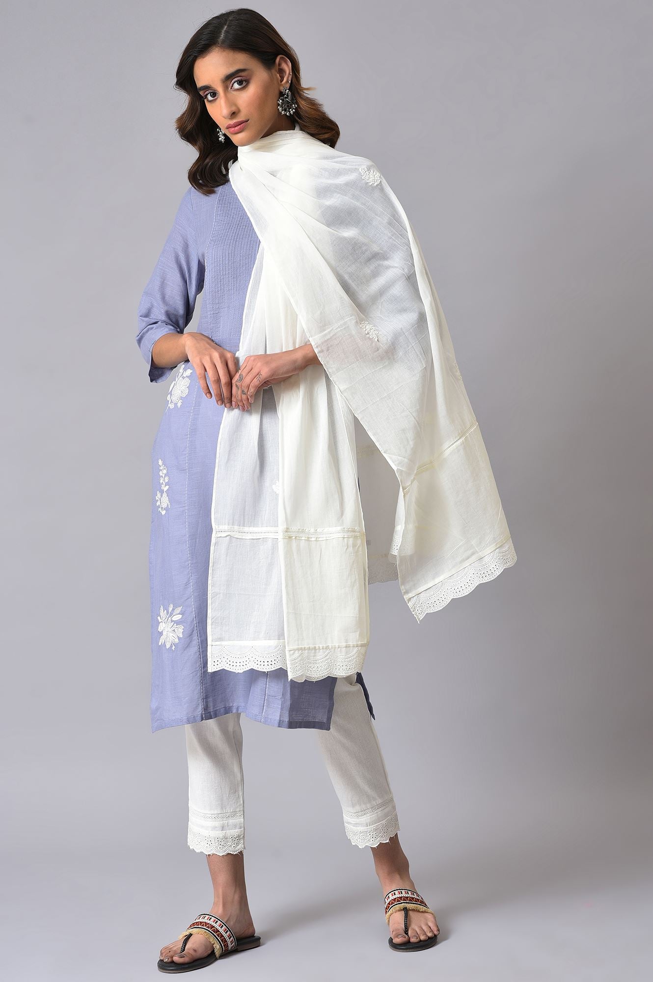 Ecru Embroidered Dupatta With Lace Details