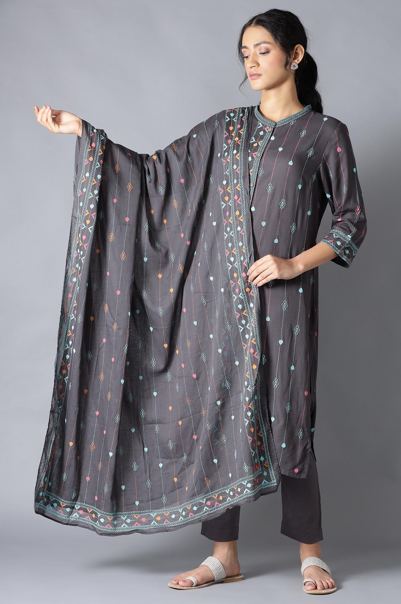 Grey Printed Cotton Dupatta