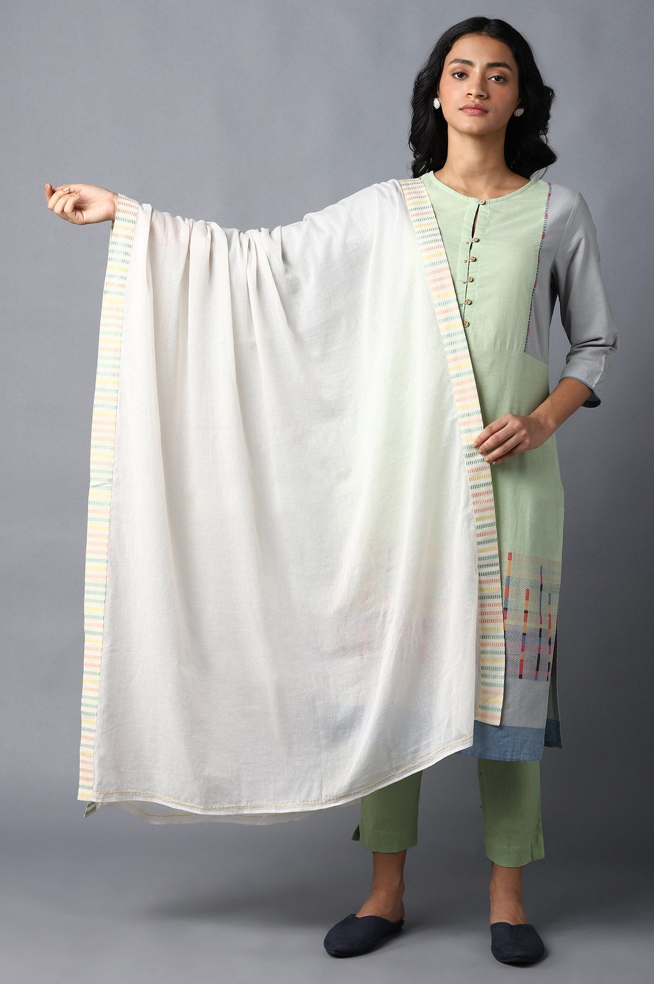 Ecru Cotton Dupatta With Printed Border