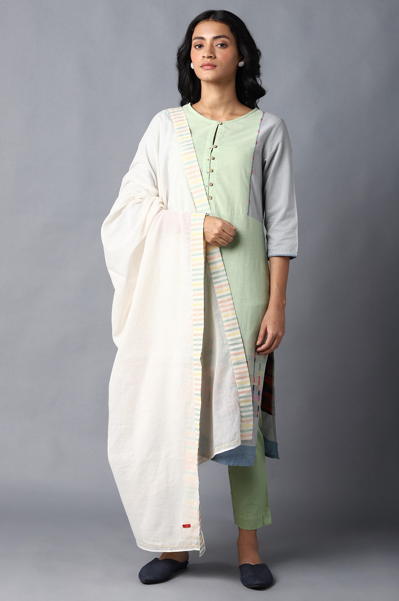 Ecru Cotton Dupatta With Printed Border