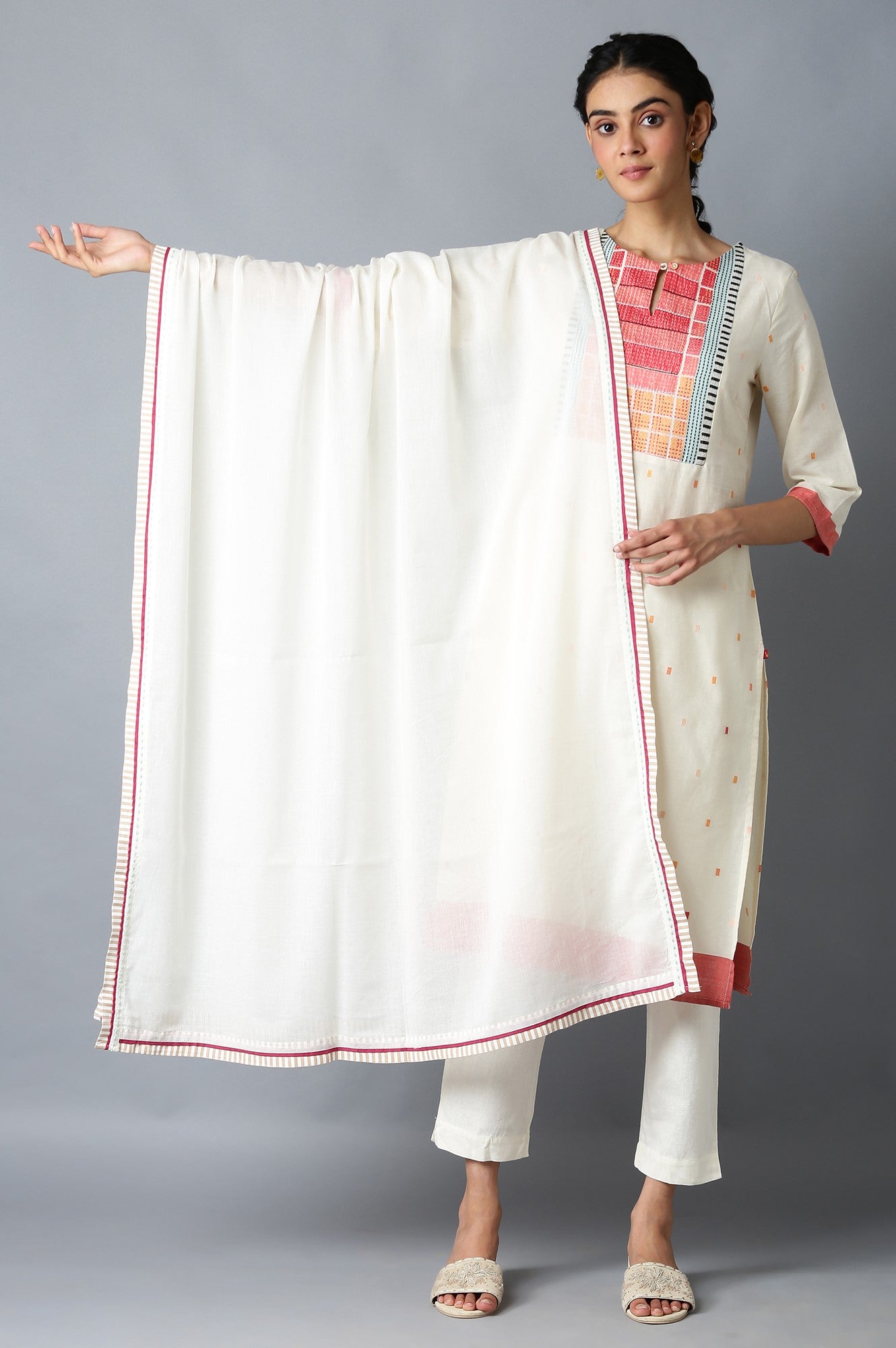 Ecru Cotton Dupatta With Printed Border