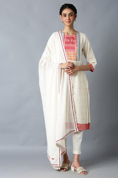 Ecru Cotton Dupatta With Printed Border