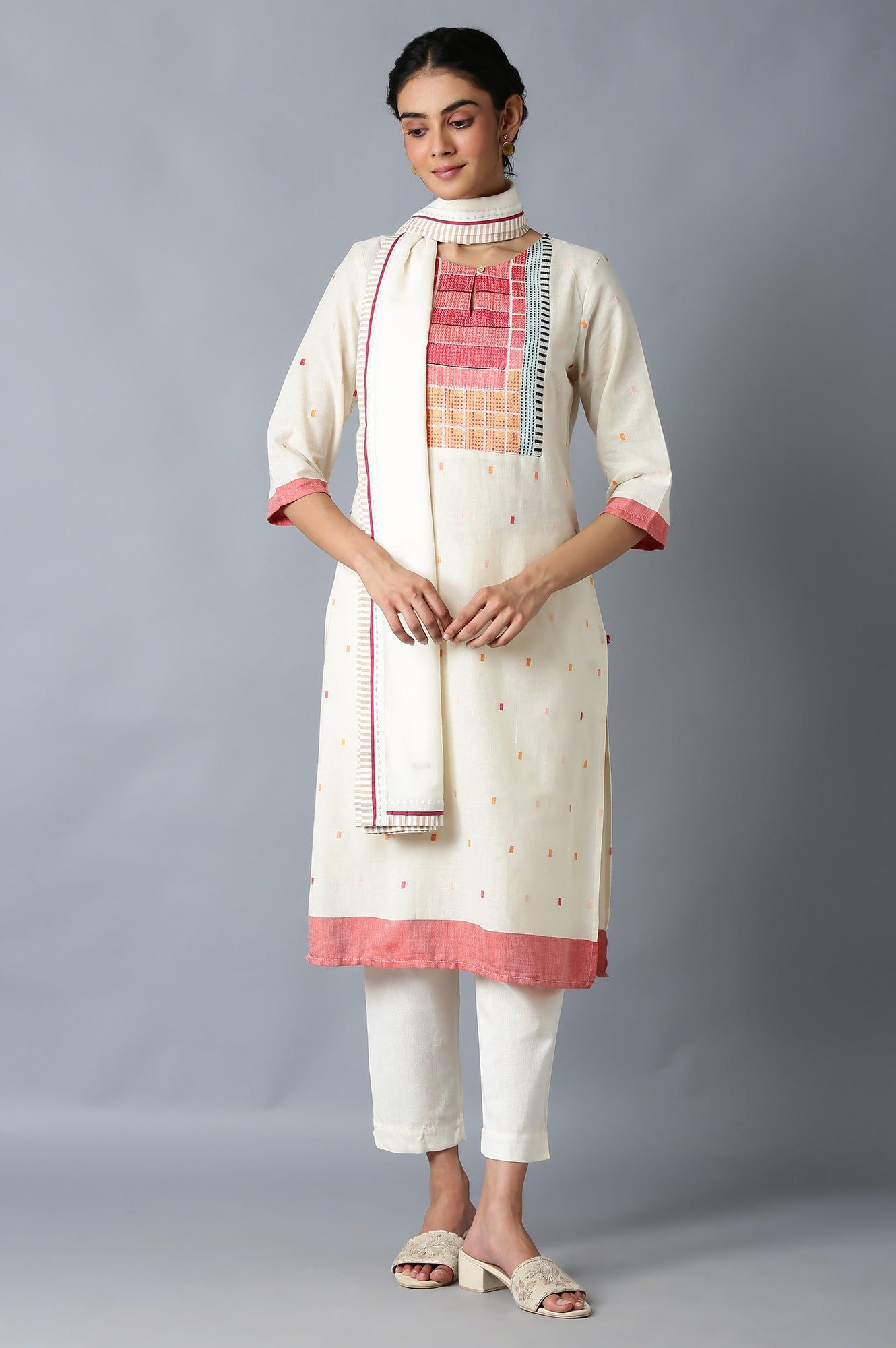 Ecru Cotton Dupatta With Printed Border