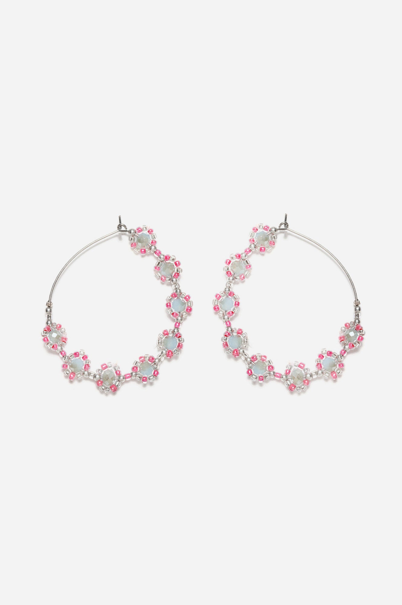 Grey and Pink Bead work Handcrafted Hoop Earrings