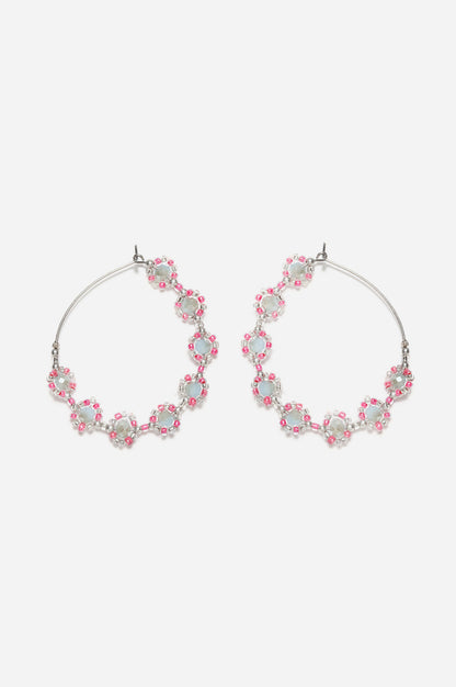 Grey and Pink Bead work Handcrafted Hoop Earrings