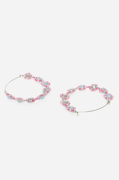 Grey and Pink Bead work Handcrafted Hoop Earrings