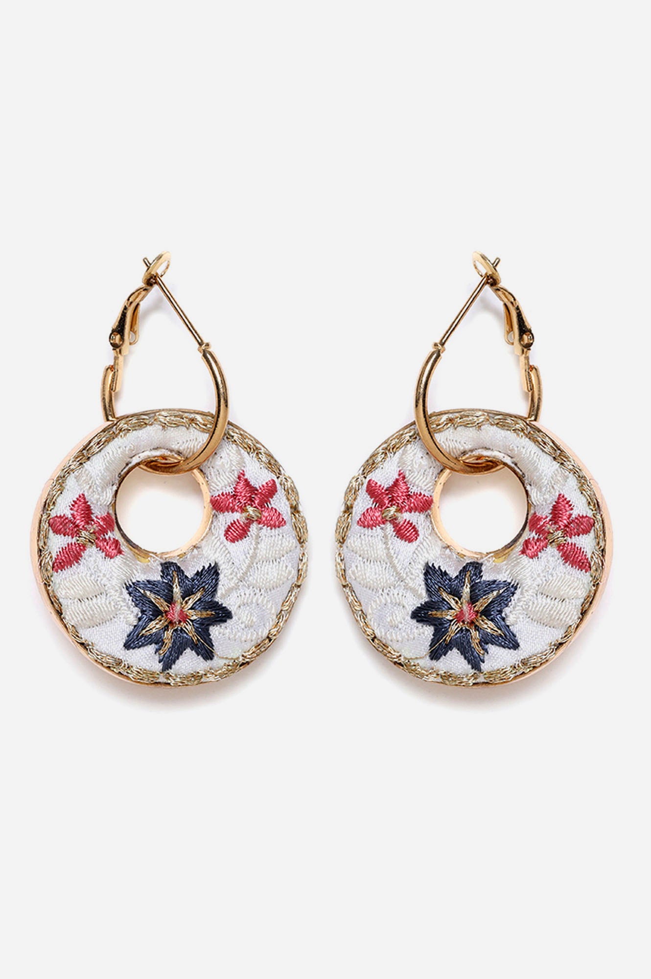 Blue And Red Bead Work Hoop Earrings