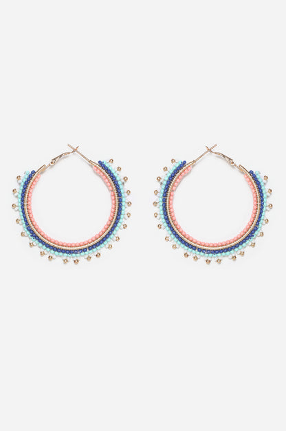 Blue and Pink Beaded Hoop Earrings