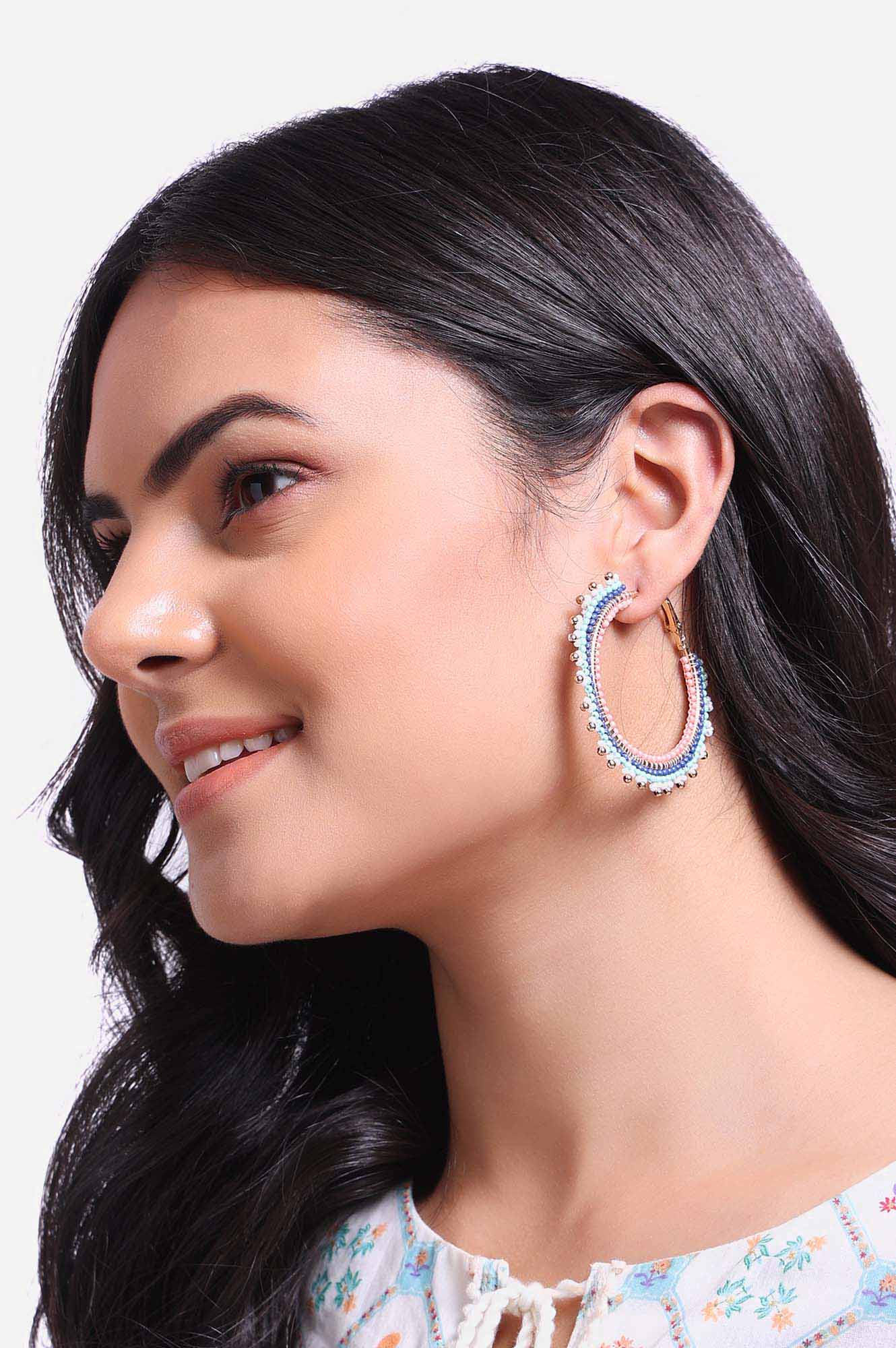 Blue and Pink Beaded Hoop Earrings