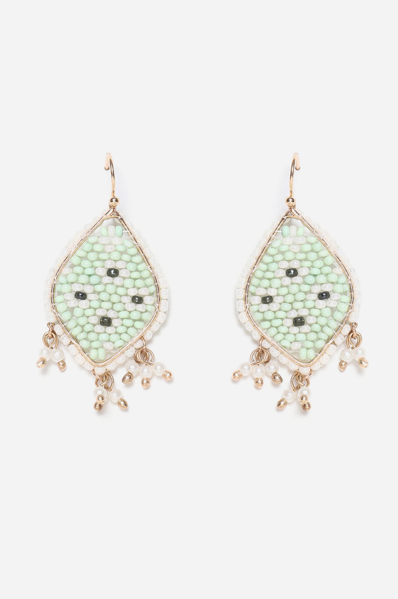 Green And White Beaded Dangler Earrings