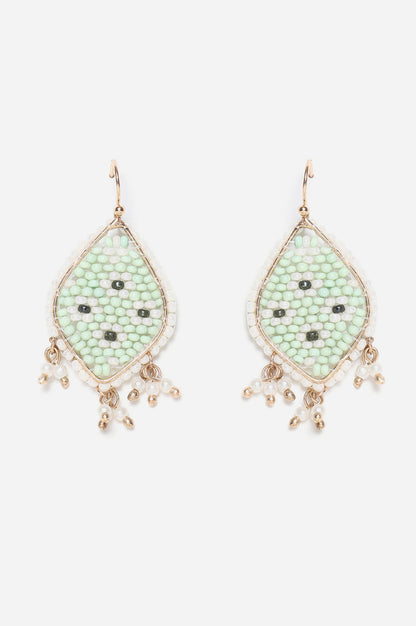 Green And White Beaded Dangler Earrings