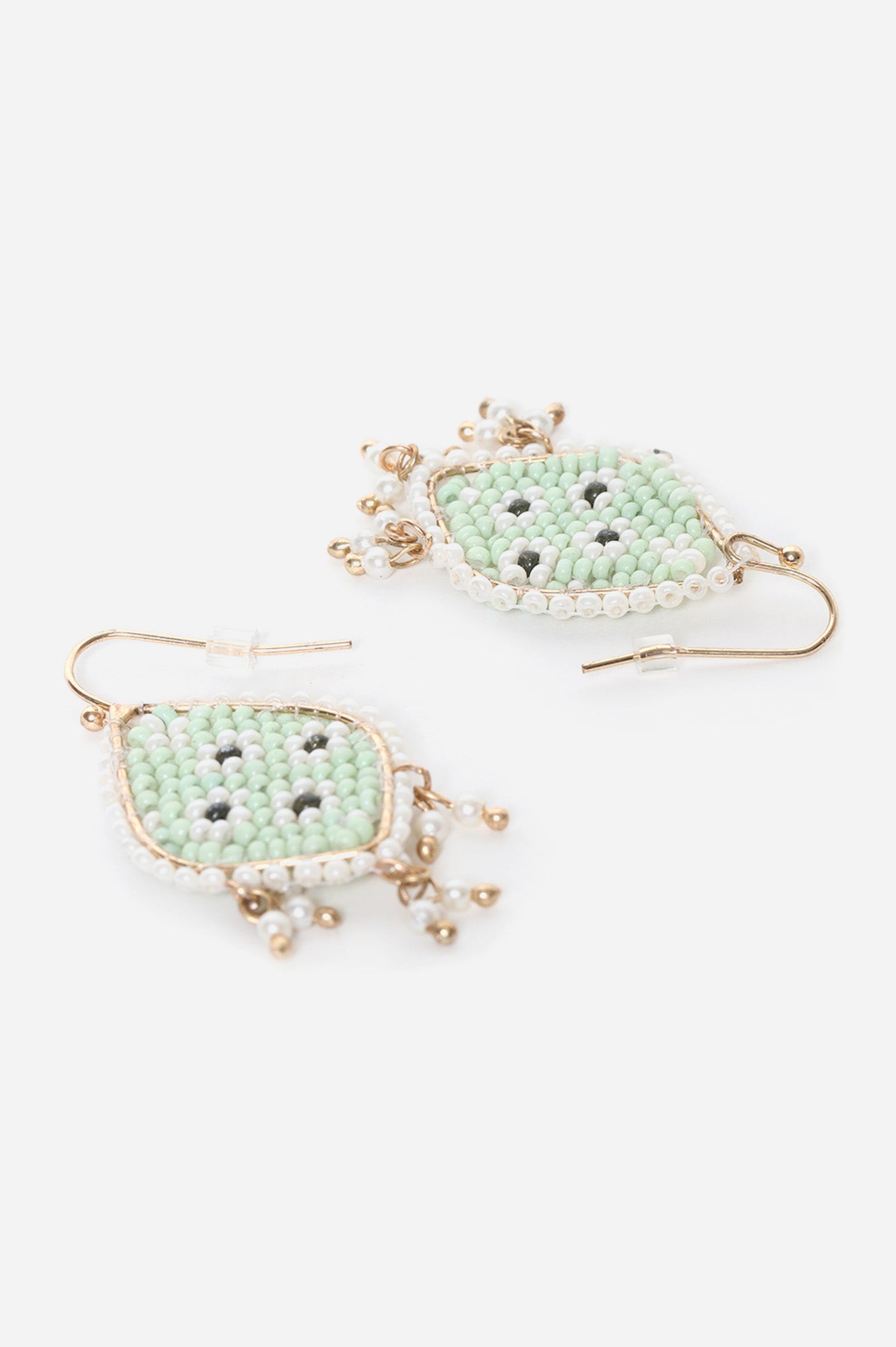 Green And White Beaded Dangler Earrings