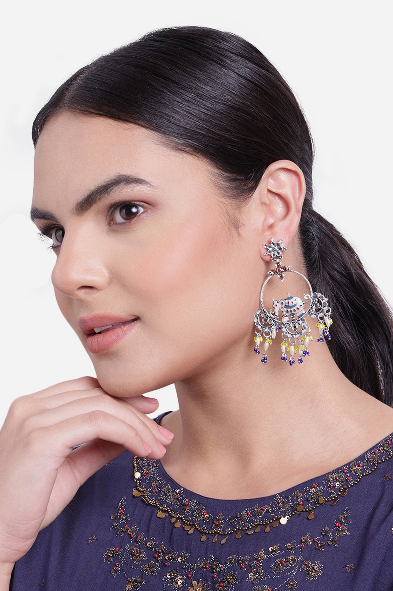 Multicoloured Dangler Earrings In Elephant Motifs