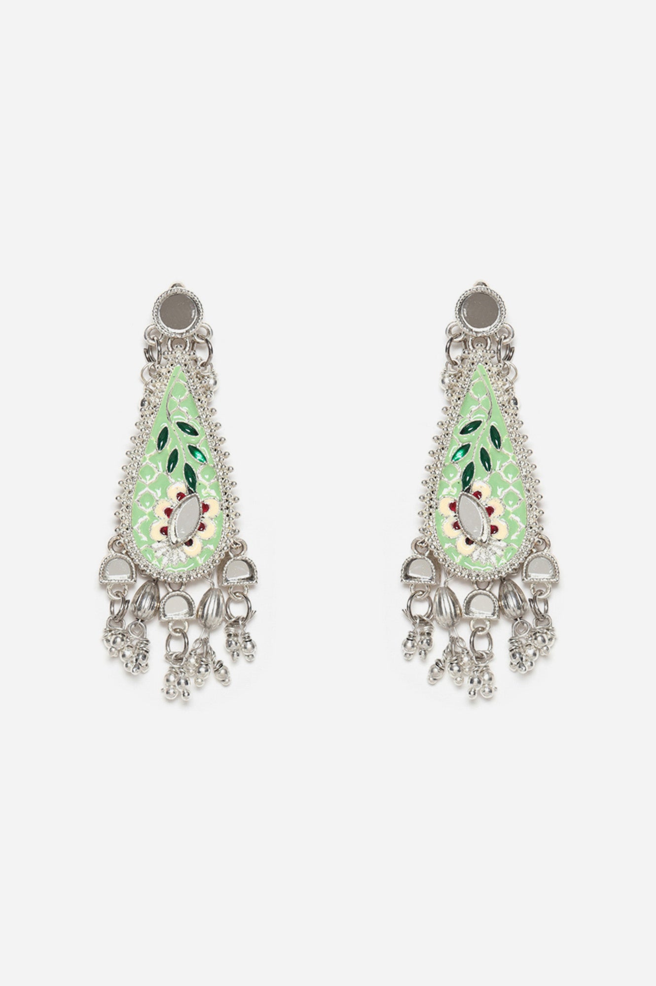 Green Leaf Shaped Earrings With Mirror Work