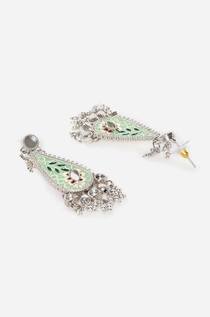 Green Leaf Shaped Earrings With Mirror Work