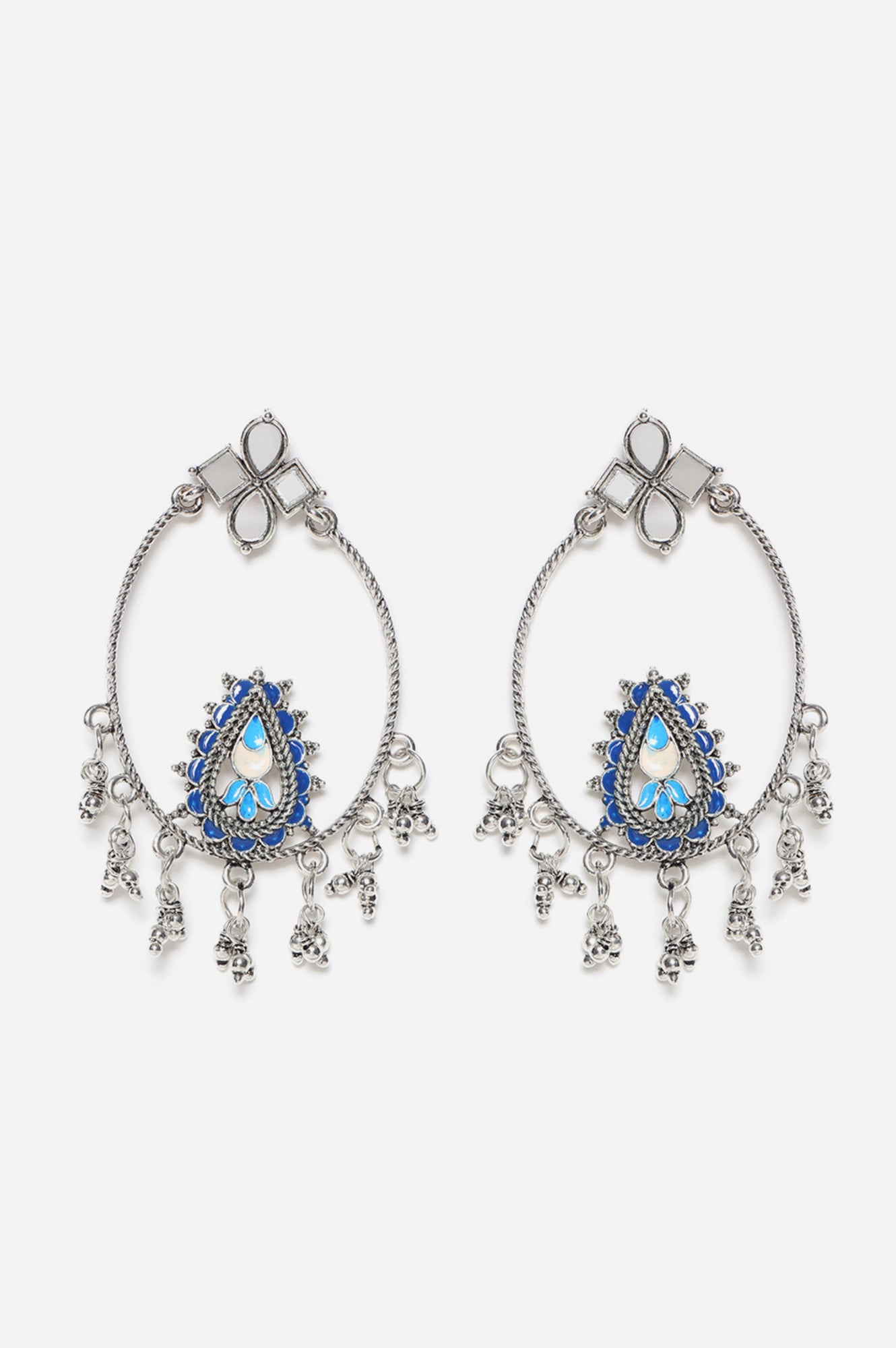 Blue Silver Oxidised Dangler In Mirror Work