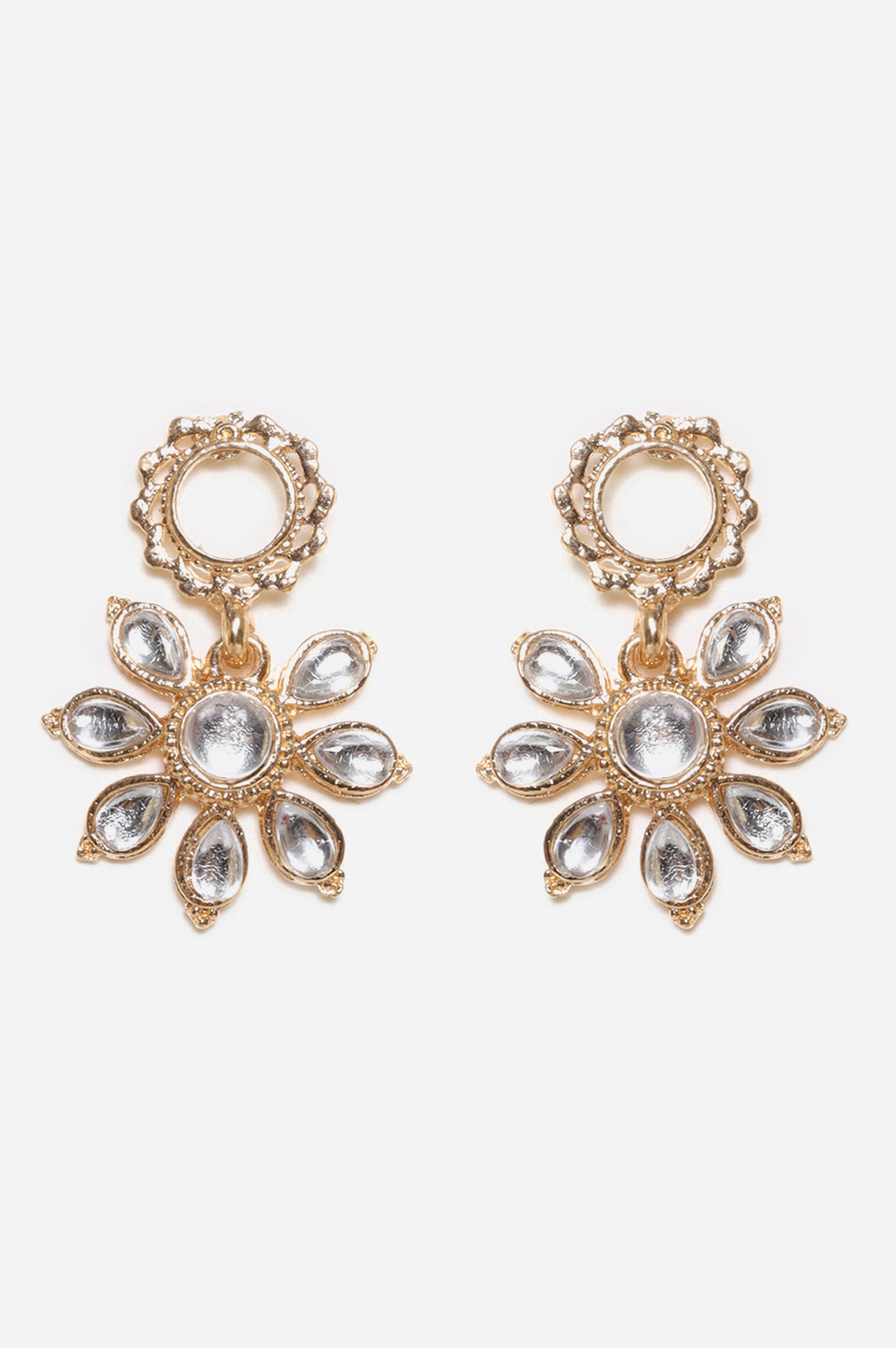 Gold Floral Stud and Drop Earrings Set