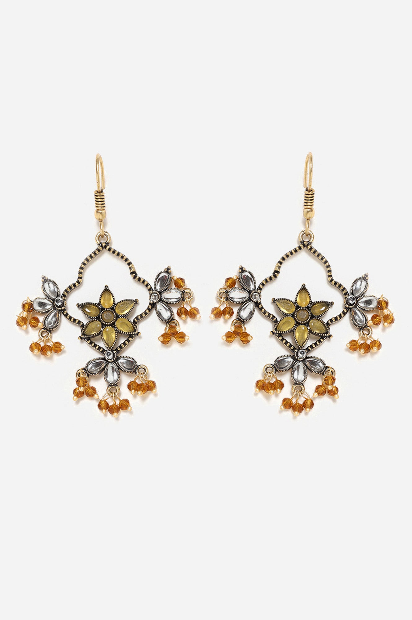 Yellow Floral Detailing Stone Studded Dangler Earrings