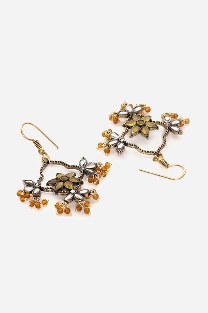 Yellow Floral Detailing Stone Studded Dangler Earrings