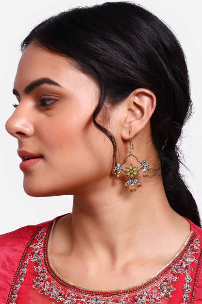 Yellow Floral Detailing Stone Studded Dangler Earrings