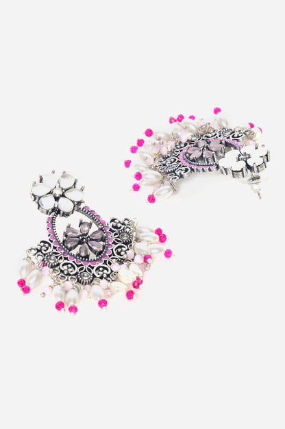 Magenta Peal Dangler Earrings with Crystal Stone