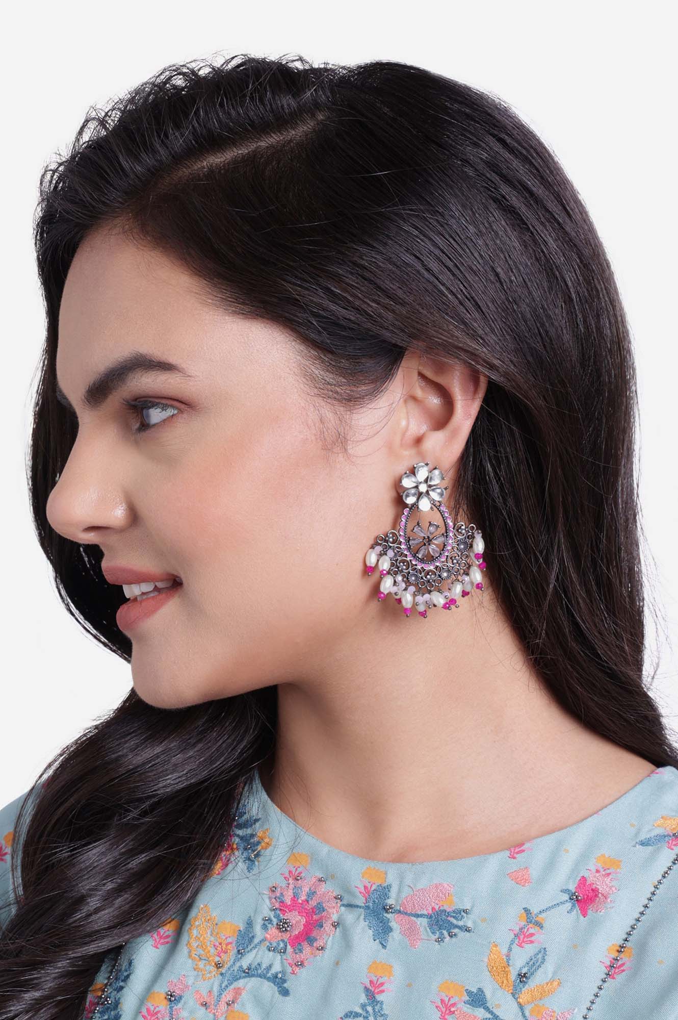 Magenta Peal Dangler Earrings with Crystal Stone