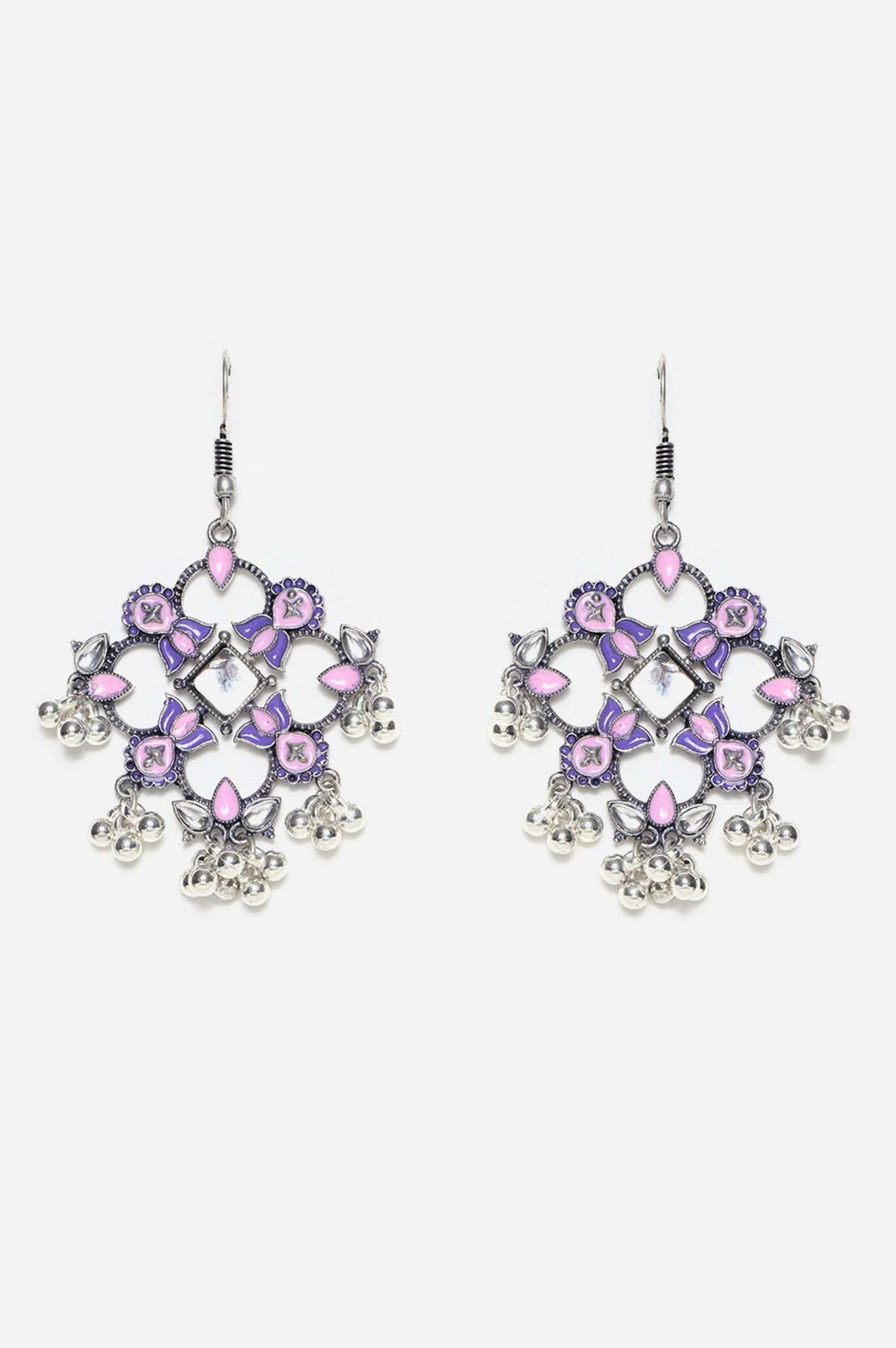 Pink and Purple Floral Detailing Beaded Dangler Earrings