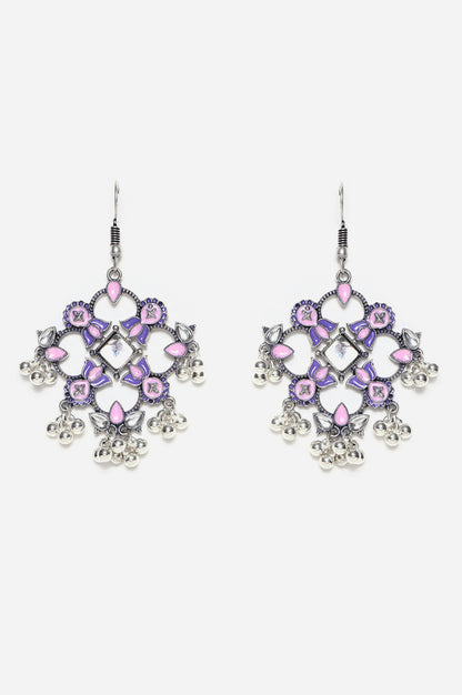 Pink and Purple Floral Detailing Beaded Dangler Earrings