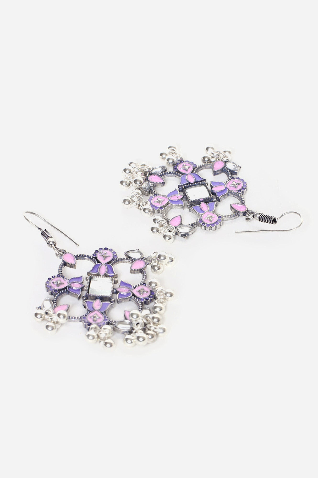 Pink and Purple Floral Detailing Beaded Dangler Earrings