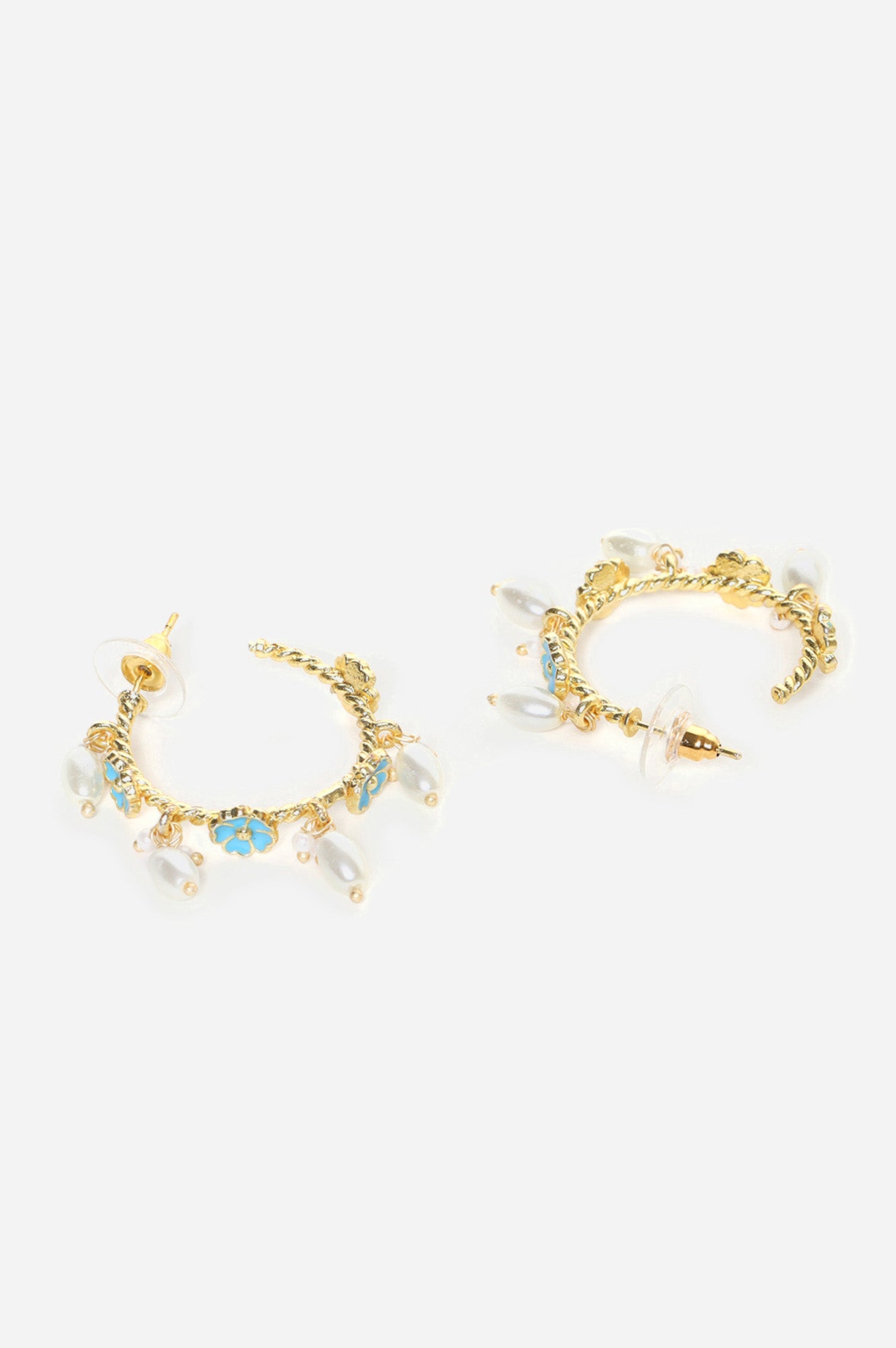 Blue Floral and Pearl Work Hoop Earrings