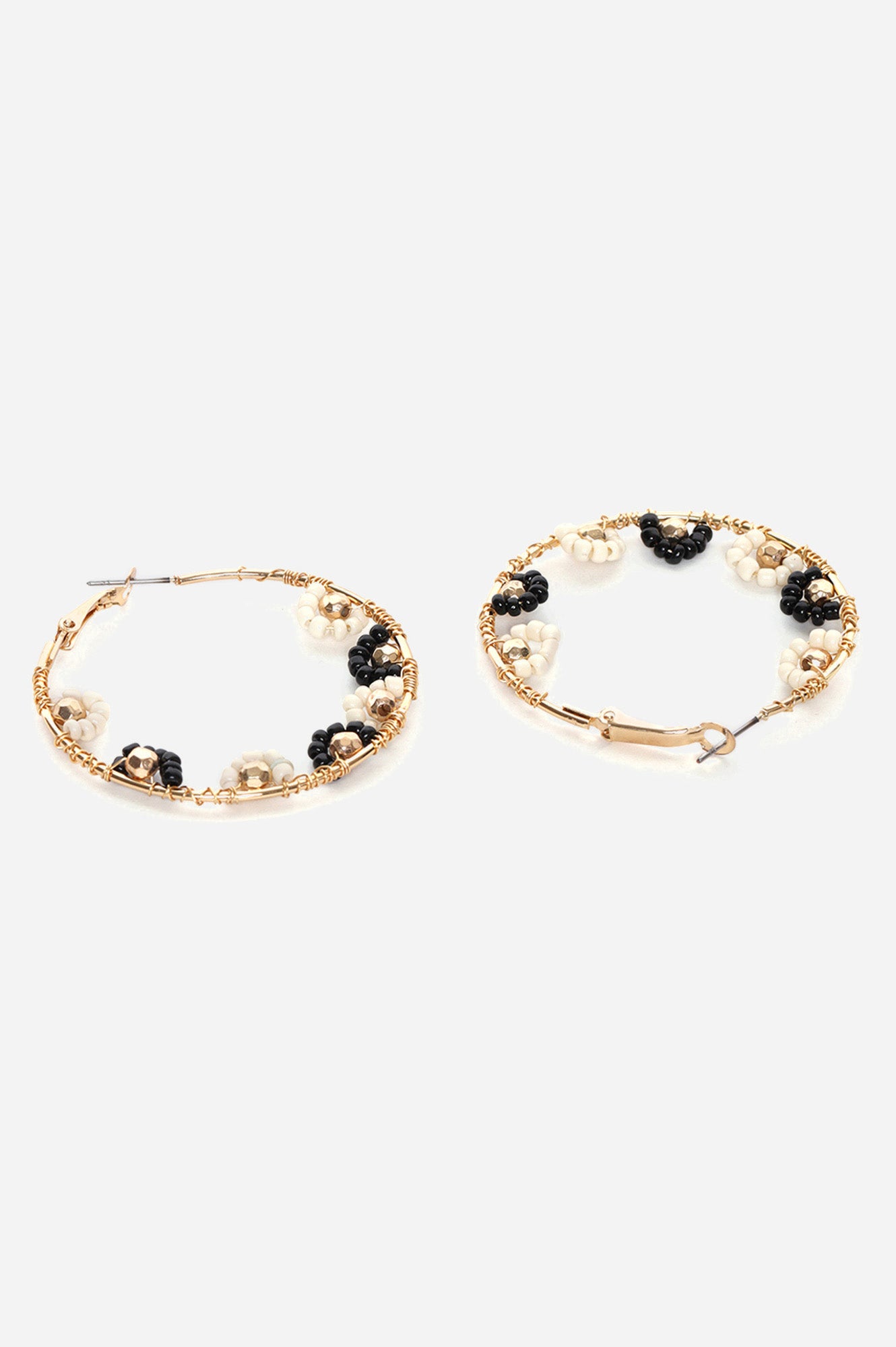 Black and White Handcrafted Beaded Hoop Earrings