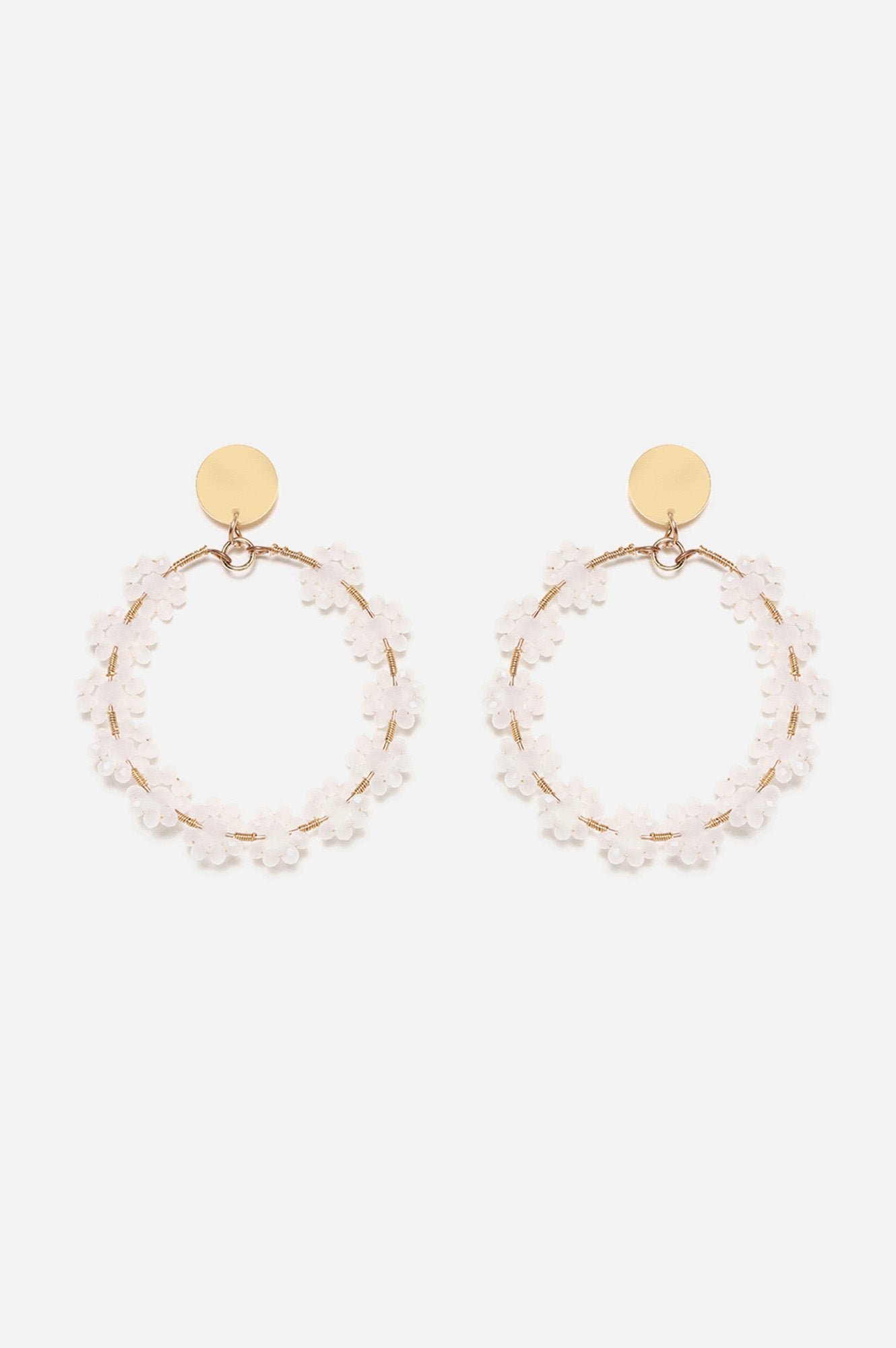 White Bead Flower Hoop Earrings