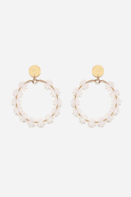 White Bead Flower Hoop Earrings