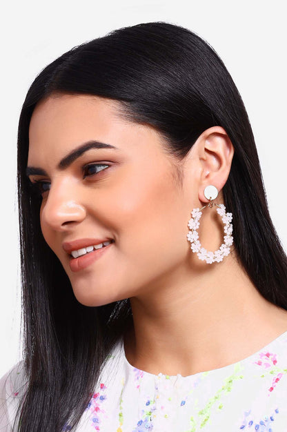 White Bead Flower Hoop Earrings